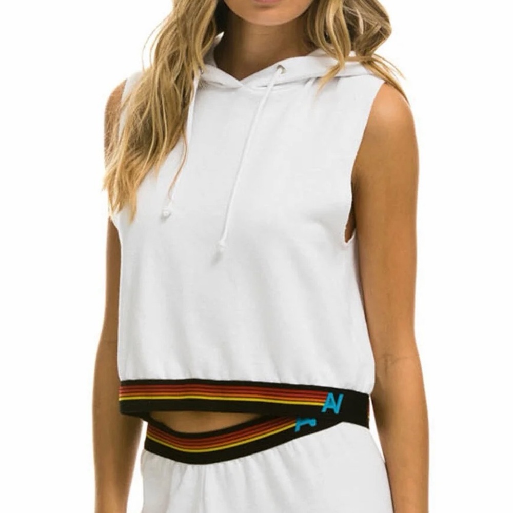 Aviator Nation White Sleeveless Hoodie with Multicolor Hem